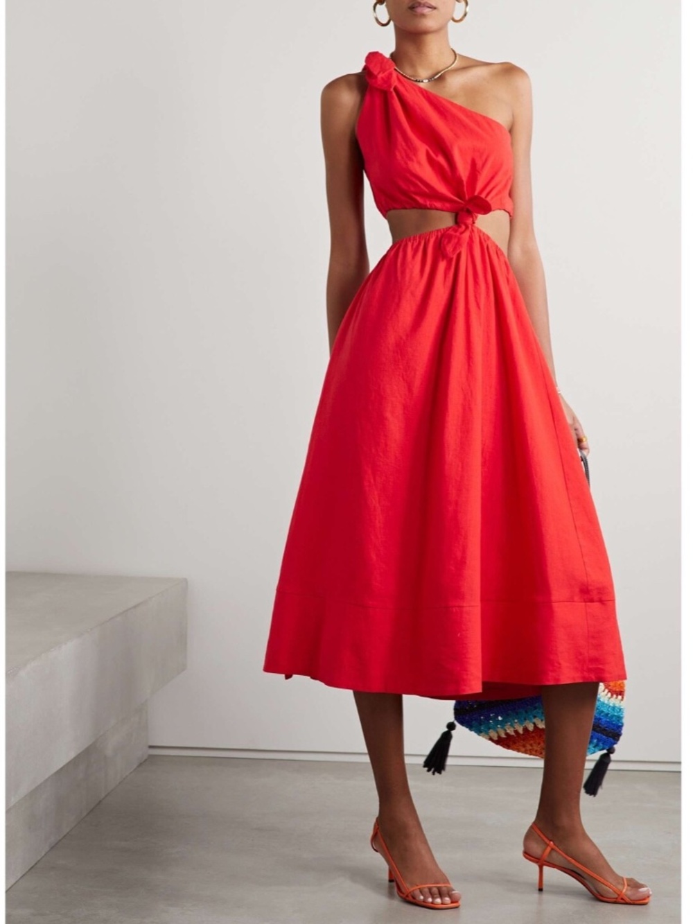 NEW Anthropologie FARM RIO Red ONE SHOULDER Knot LINEN Cutout MIDI DRESS L